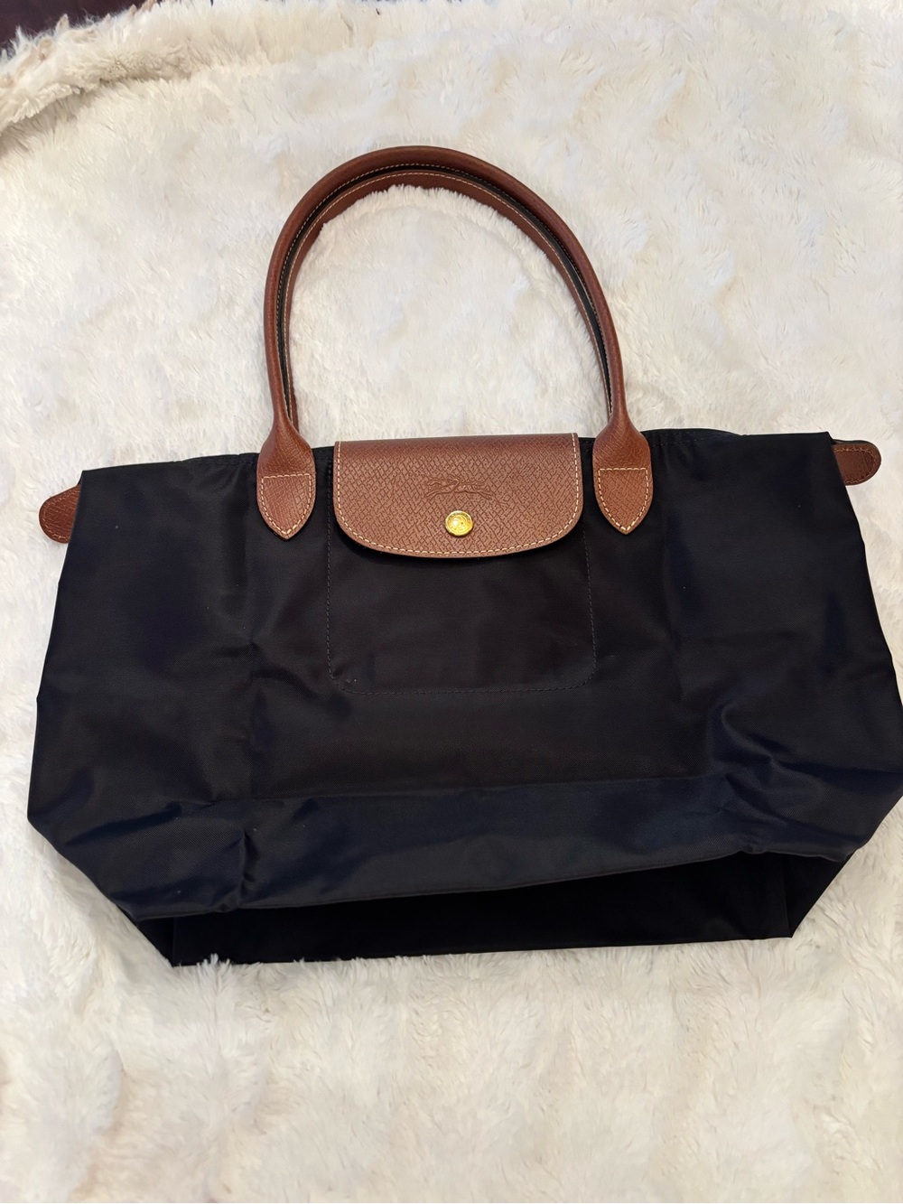 Longchamp Le Pliage Medium NWOT Black Tote with Brown Leather Trim
